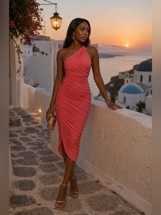 Norma Kamali Dresses & Skirts - Norma Kamali Coral One Shoulder Ruched Midi Dress XS Bodycon Cocktail